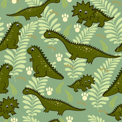 Seamless baby dinosaur background pattern in vector