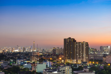 Cityscape view of Bangkok at twilight.