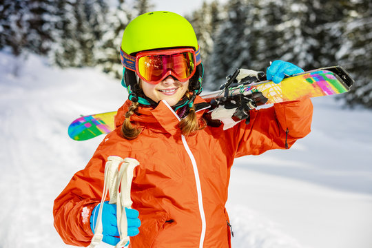 Ski, skier girl on the ski slopes
