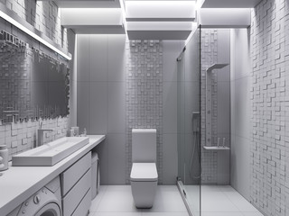 3D render of a bathroom in a gray stone and a mosaic without textures and color.The ceiling is executed from the wooden blocks which are hanging down at different height with LED illumination.
