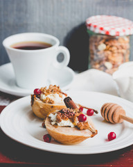 Baked pears with ricotta, walnuts, honey and cranberries,tinting