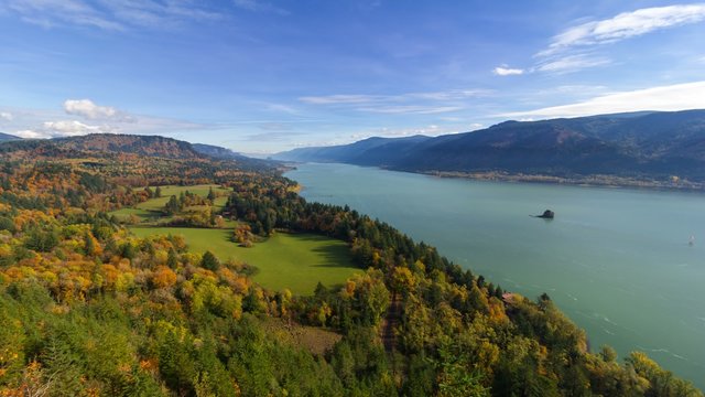 UHD 4k Time Lapse Movie of Moving Clouds and Blue Sky over Columbia River Gorge from Cape Horn View Point in Washington State During Colorful Autumn Season 4096x2304