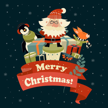 Santa Claus with cute squirrel and penguin celebrating Christmas