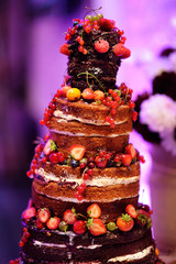 Chocolate wedding cake decorated with fruits