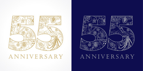 55 anniversary vintage logo. Template numbers of 55th jubilee in ethnic patterns and birds of paradise.