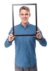 happy young-man  holding a black frame