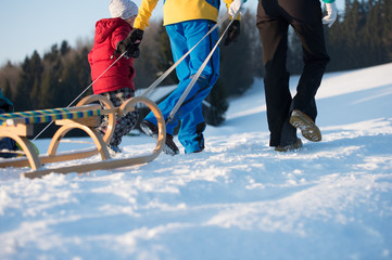 Junge Familie beim Schlittenfahren im Winter
