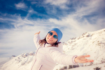 Freedom winter mountain woman