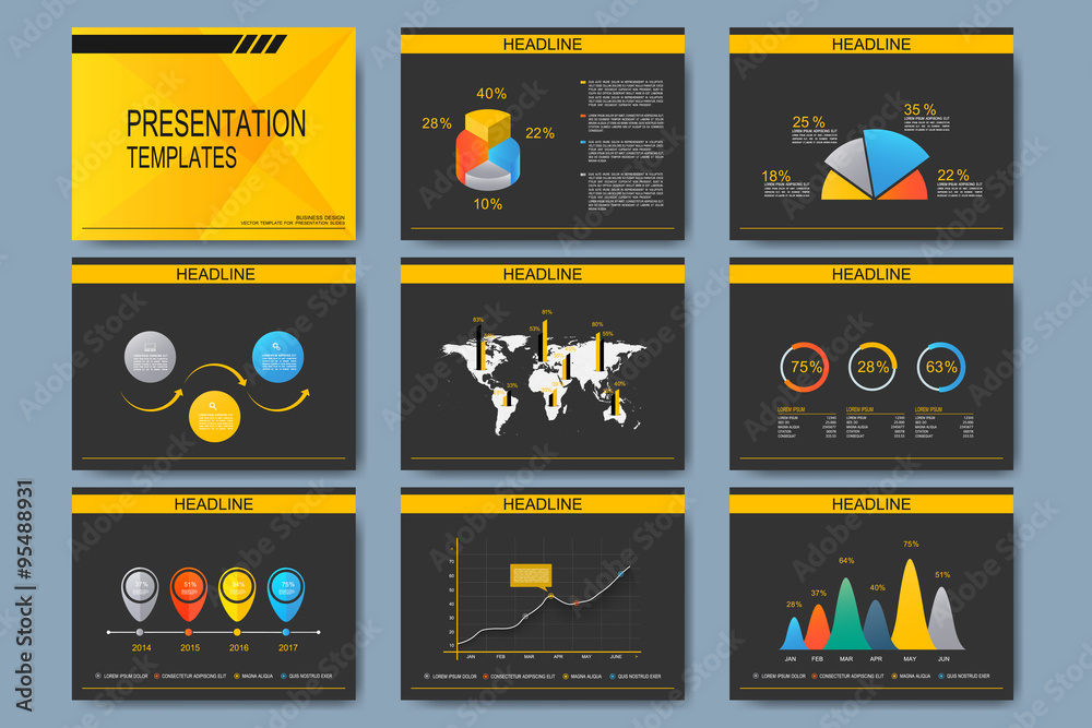 Poster Set of vector templates for multipurpose presentation slides. Modern business design with graph and charts