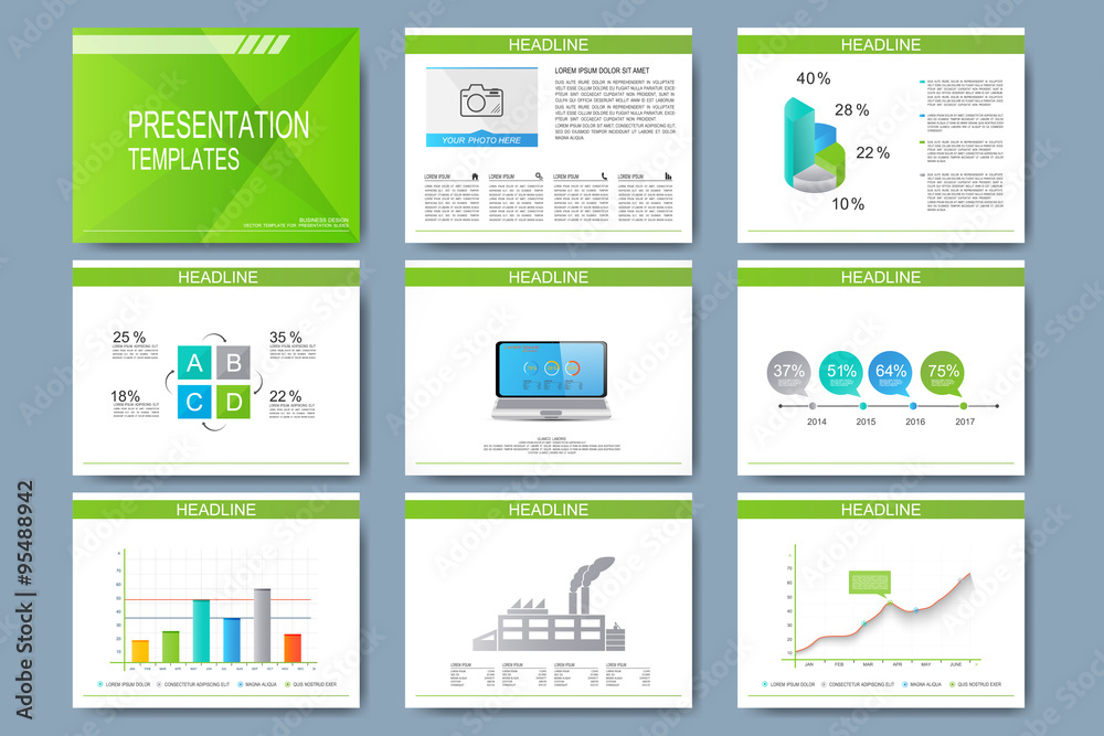 Poster Set of vector templates for multipurpose presentation slides. Modern business design with graph and charts