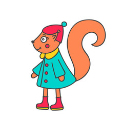 Winter squirrel girl. Hand drawn doodle squirrel in winter clothes. Cute color squirrel for kids design. Vector. Isolated.