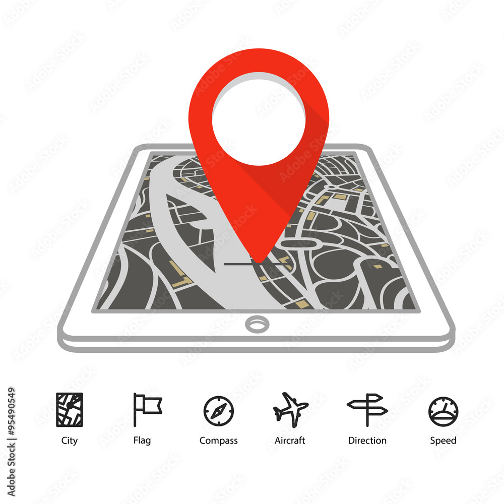 Poster Modern gadget with abstract city map in perspective and transpor