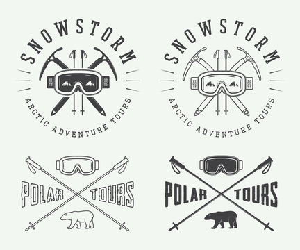 Vintage mountaineering and arctic expeditions logos, badges