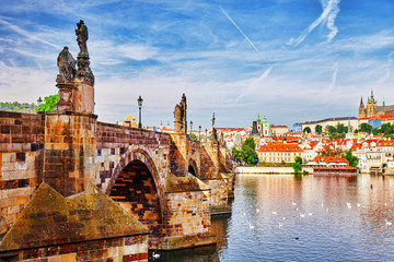 Charles Bridge from the quay of the Vltava River.Czech Republic.