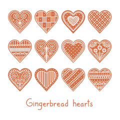 Gingerbread hearts. Hand drawn set of christmas gingerbread hearts. Hearts with doodle ornament. Vector.