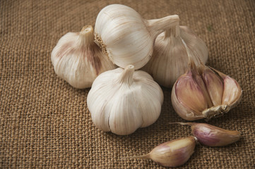 Garlic close-up on sacking. burlap background