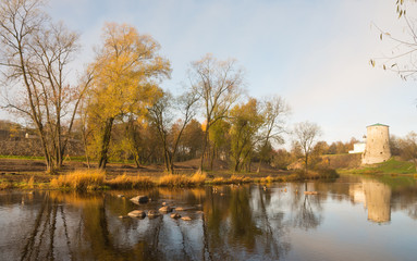 Beautiful autumn river landscape. River 