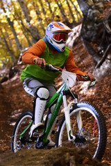 Fototapeta premium Biking as extreme and fun sport. Downhill biking.