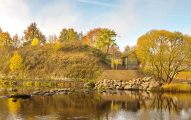 Beautiful autumn river landscape. River "Pskova" Pskov.

