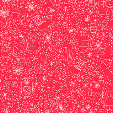 Christmas seamless pattern. Vector hand drawn outline winter elements. Fun doodle background for kids. Snowflake, owl, christmas tree, mittens, socks. On red background.