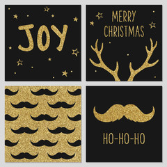 Hipster Christmas gold pattern, greeting card templates, mustache, deer antlers