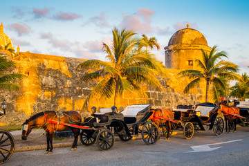 Horse drawn touristic carriages in the historic Spanish colonial city of Cartagena de Indias, Colombia