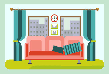 Comfortable living room interior with furniture. Cartoon Vector