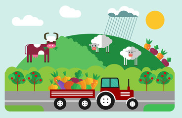 Fototapeta na wymiar Red tractor on the field. Flat vector illustration.