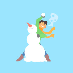 Boy Throwing Snowball and a Snowman. Vector Illustration