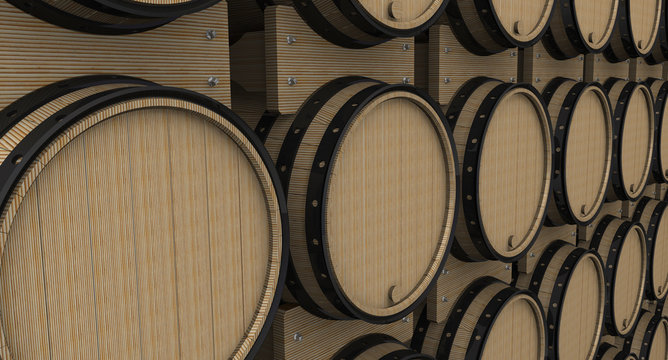 Oak barrels in a row. The three-dimensional illustration