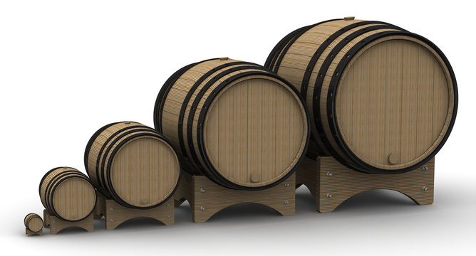 Wooden barrels of different sizes