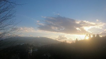 Beautiful sunset in mountain landscape.