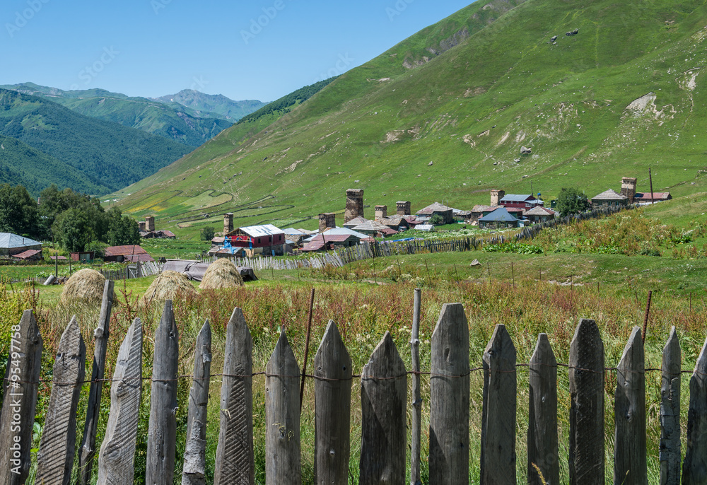 Poster Zhibiani - one of four villages community called Ushguli in Upper Svanetia region, Georgia