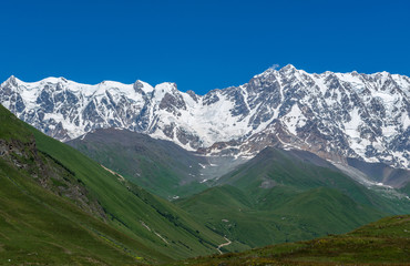 Shkhara mountain seen from Ushguli villages community in Upper Svanetia region, Georgia