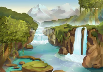Rolgordijnen Bos en waterval, natuur landschap vector background © Natis