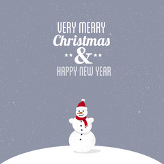 Fototapeta na wymiar Very Merry Christmas & Happy New Year. Greeting card illustration with cute snowman on hill.
