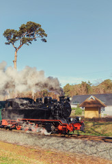 Fototapeta na wymiar Historical steam train on island Rugen in Germany, text space