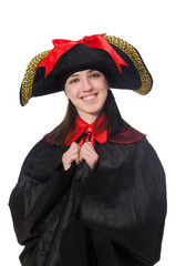 Female pirate in black coat isolated on white