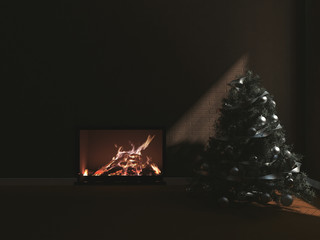 Christmas tree near the fireplace