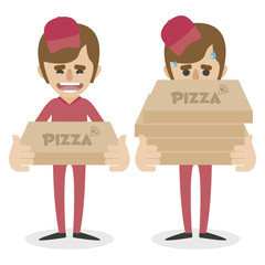 Happy pizza deliver and stressed pizza deliver holding pizza cardboard delivering order. Isolated on white background

