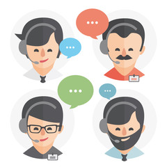 Call center operator with headset web icon design. Male call center avatar set. Client services and communication, customer support, phone assistance, information, solutions. Vector
