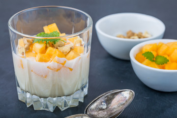 Pure semolina pudding with fresh mango and mint leaves