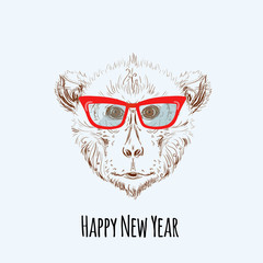 Chimpanzee monkey Hipster with blue glasses Merry Christmas and Happy New Year vector illustration for placard design, posters, fashion print and textile