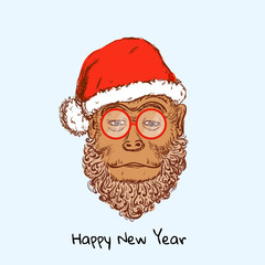 Chimpanzee monkey Hipster with blue glasses, beard and Christmas hat. Merry Christmas and Happy New Year vector illustration for placard design, posters, fashion print and textile