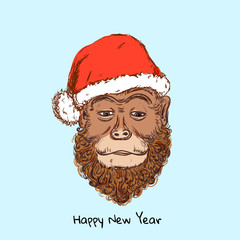Chimpanzee monkey Hipster with Christmas hat, beard. Merry Christmas and Happy New Year vector illustration for placard design, posters, fashion print and textile