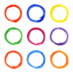 Watercolor round design elements on white. Set of funny circle copyspace. Colorful hand drawing circle frames, background, template, surface.