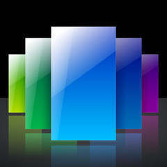 Abstract infographic colorful blue, yellow and green shiny transparent rectangles with reflections on black background