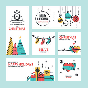 Set of flat line design Christmas and New Year greeting cards and banners.