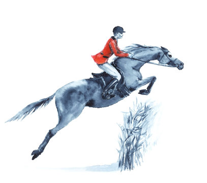 Watercolor rider and horse, jumping a hurdle in forest on white. Horseman in red jacket at jumping steeplechase competition. England equestrian sport. Hand drawing illustration.