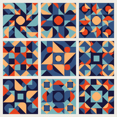 Set of Nine Vector Seamless Blue Orange White Color Retro Geometric Ethnic Square Quilt Pattern Collection